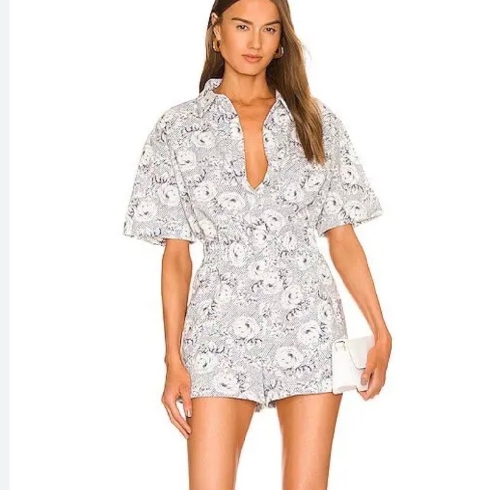 BCBGeneration Denim floral button front romper Womens large‎